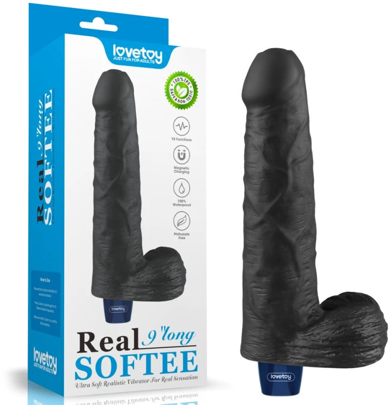 9" REAL SOFTEE Rechargeable Vibrating Dildo(Black)