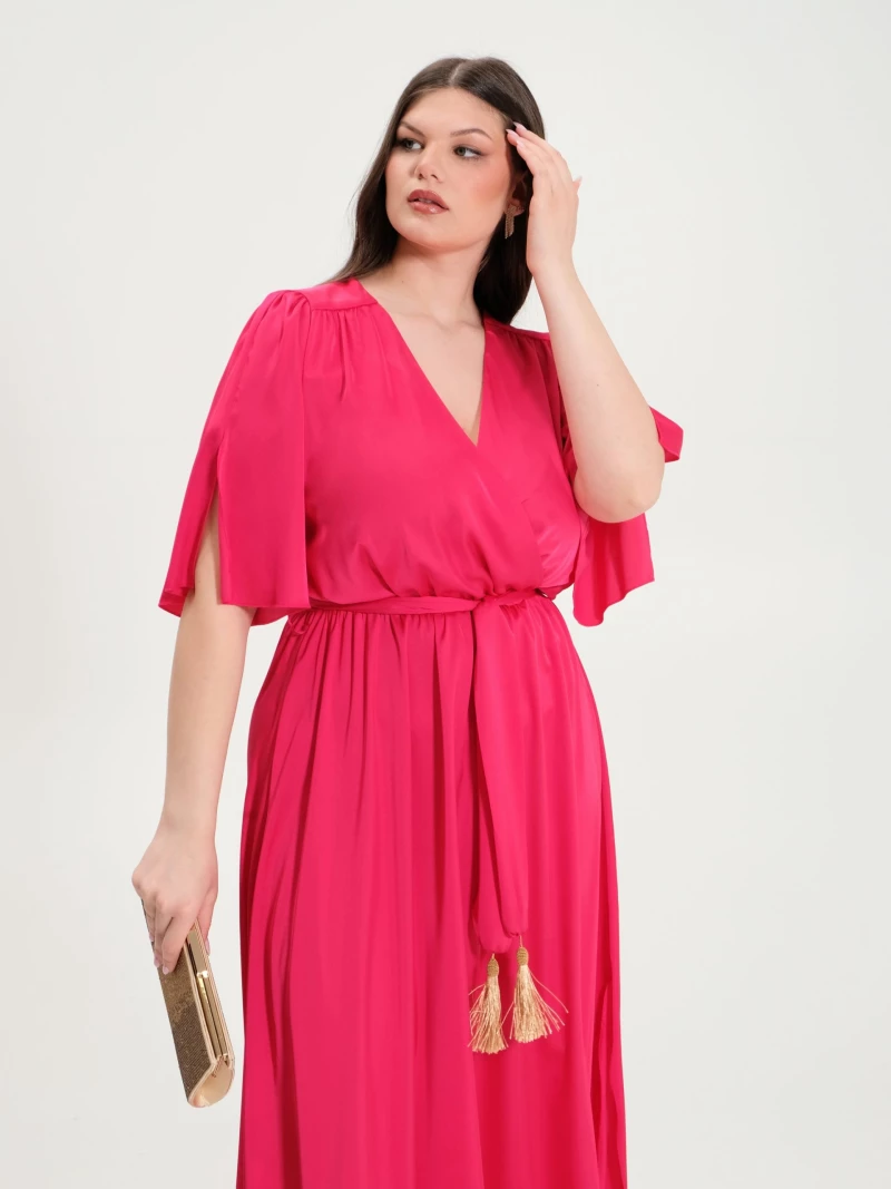 Μακρύ σατέν κρουαζέ φόρεμα plus size Rinascimento - Φούξια