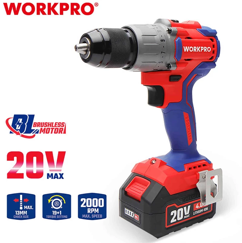 Δραπανοκατσάβιδο Μπαταρίας 20V Brushless | 2x4Ah | 60Nm | 19+1 Ρυθμίσεις Ροπής |  WP390008 - Workpro