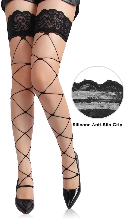 Black Fence Net Thigh Highs Silicone