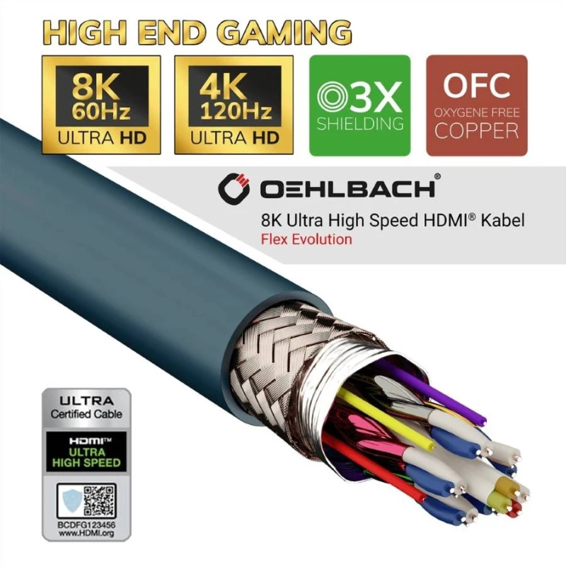 Oehlbach Flex Evolution Καλώδιο Υψηλής Ποιότητας HDMI 2.1 8K/60HZ με προστασία σπασίματος 1m ( Τεμάχιο)