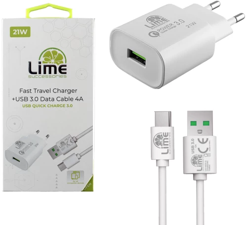 LIME USB 3.0 PD FAST TRAVEL QC 3.0 LTU25 21W 4000mA + ΚΑΛΩΔΙΟ ΦΟΡΤΙΣΗΣ-DATA L15 TYPE C WHITE
