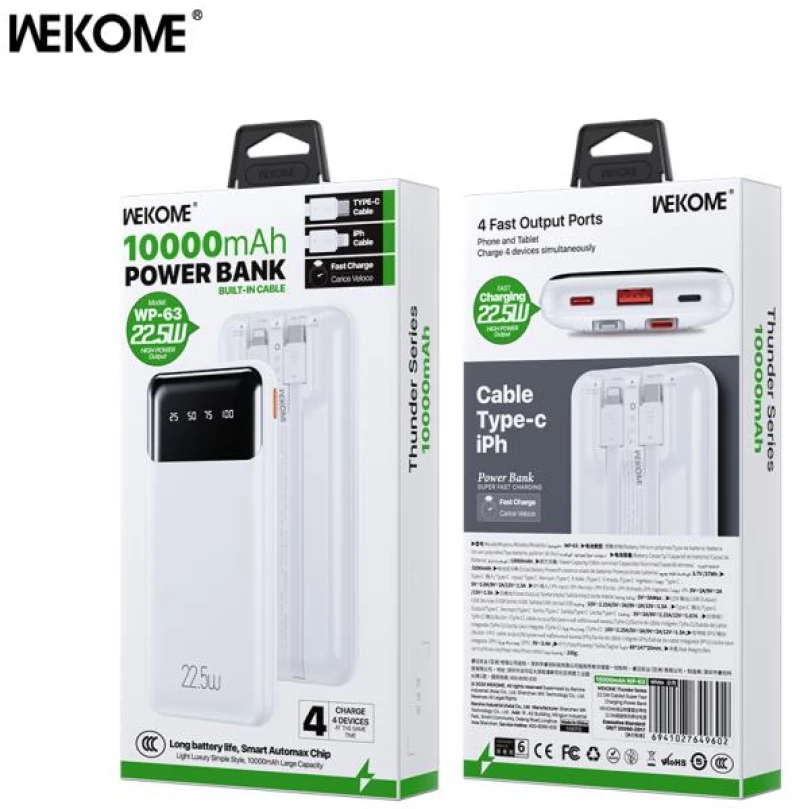 Power Bank WK 10000mAh 22,5W PDx1 & QC3.0x1 White WP-63