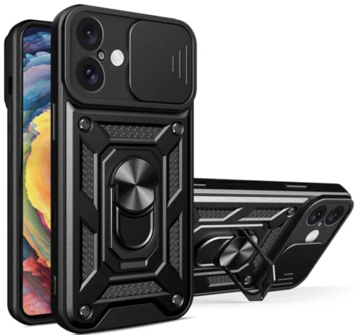 Θήκη iPhone 16 Plus Bodycell Armor Slide Ανθεκτική με Κάλυμμα για την Κάμερα & Μεταλλικό Ring Holder - Black (5206015078972)