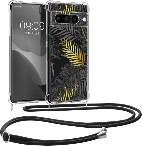 Θήκη Google Pixel 7 Pro KWmobile Crystal TPU Necklace Διάφανη Σιλικόνης με Λουράκι Λαιμού - Palm Leaves / Yellow / Grey / Transparent (KWM000017TN003C)
