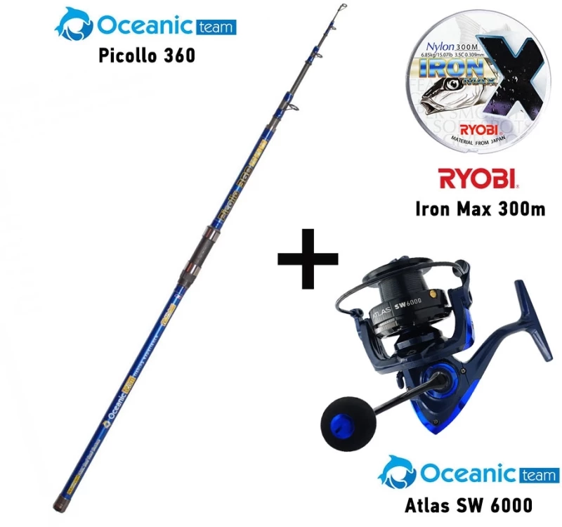 Combo Surf Casting Oceanic Team Picollo 360 + Oceanic Team Atlas SW 6000 + Ryobi Iron Max 300m