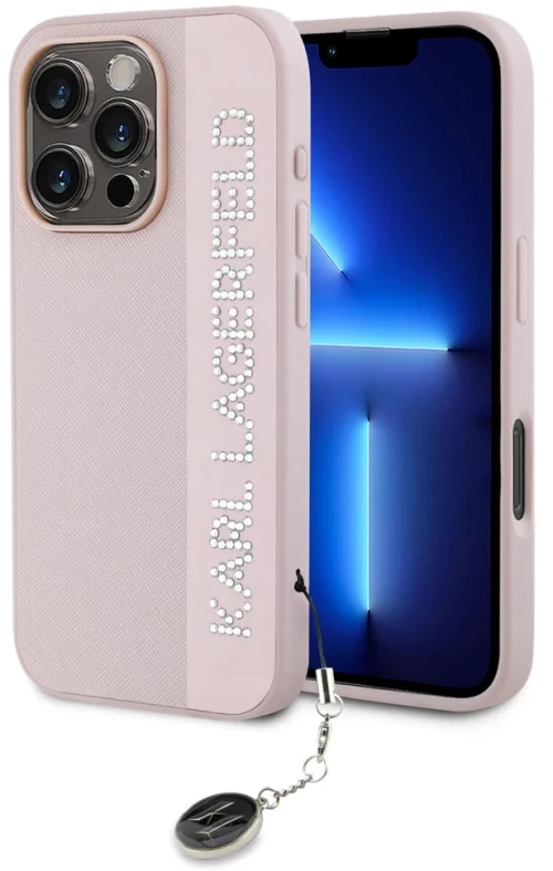 Karl Lagerfeld iPhone 16 Pro Back cover case - Saffiano rhinestones and charm - Pink - (KLHCP16LPSAKDGCP)