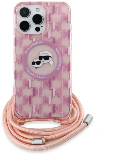 Karl Lagerfeld iPhone 16 Pro Max Back cover case - Magsafe IML KC heads - cord - Pink (KLHMP16XHCKCKLCP)