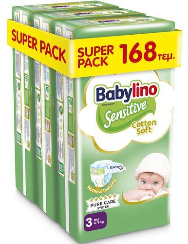BABYLINO Sensitive Cotton Soft Πάνες Παιδικές Nο3 4-9kg (56x3) 168 Τεμάχια Super Pack