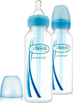 DR. BROWN`S Natural Flow Options, Πλαστικά Μπιμπερό Μπλε Με Στενό Λαιμό & Θηλή Σιλικόνης 2x250ml SB 82405