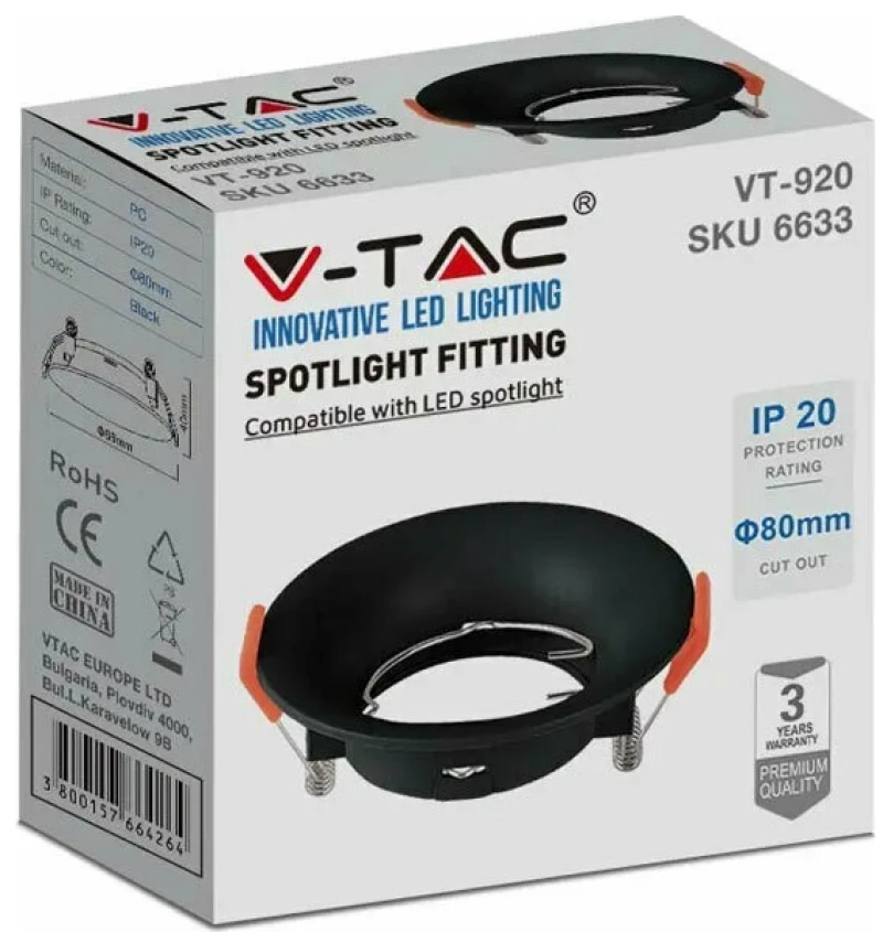 V-TAC Χωνευτό φωτιστικό Spot GU10 στρογγυλό μαύρο 6633