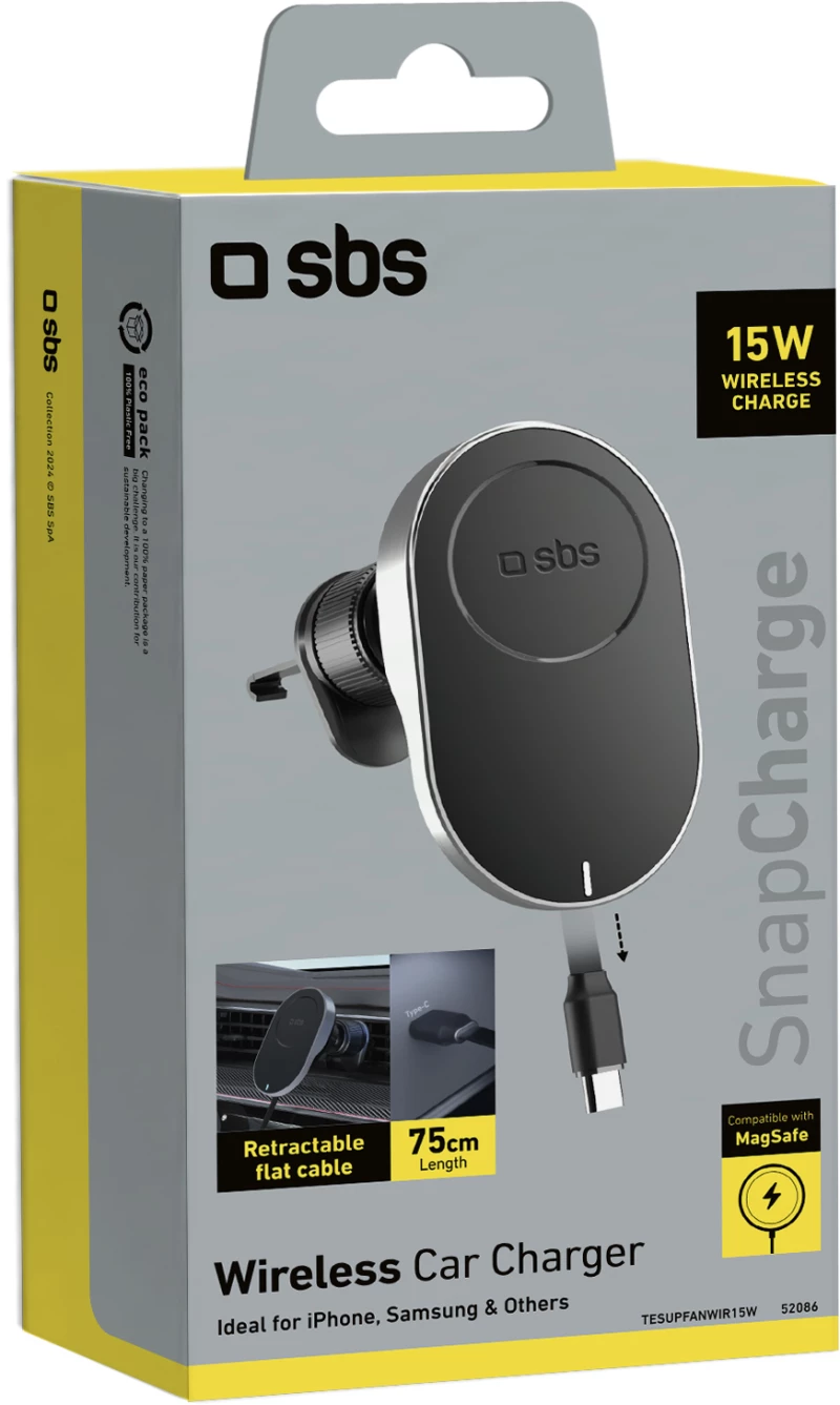 SBS TESUPP15WRETRACABL Wireless Charger Smartphone Holder with Retractable Cable Compatible with MagSafe - Black
