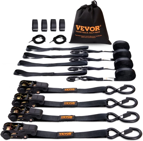 Ιμάντες δεσίματος καστάνιας VEVOR (4PK), Μέγιστη αντοχή θραύσης 2200 λίβρες, Περιλαμβάνει 4 κορδόνια Premium 1" x 15' με λαβές με επένδυση, για μετακίνηση ασφάλισης φορτίου, συσκευών, εξοπλισμού γκαζόν, μοτοσικλέτας