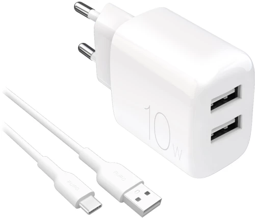 Puro PROLITE 10W 2x USB-A wall charger + USB-A - USB-C cable 1.2m - white