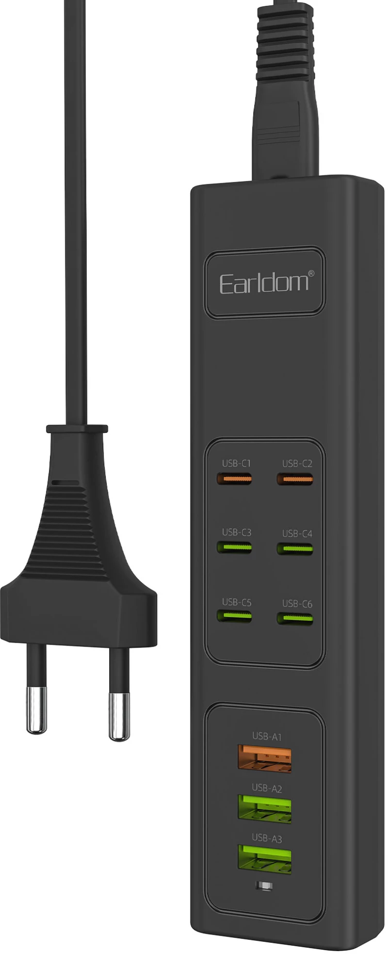 Πολύπριζο Earldom ES-SC24  6 х USB-C  3 x USB F  1m.  Μαυρο - 40520