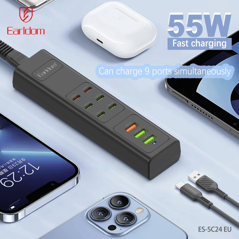 Πολύπριζο Earldom ES-SC24  6 х USB-C  3 x USB F  1m.  Μαυρο - 40520