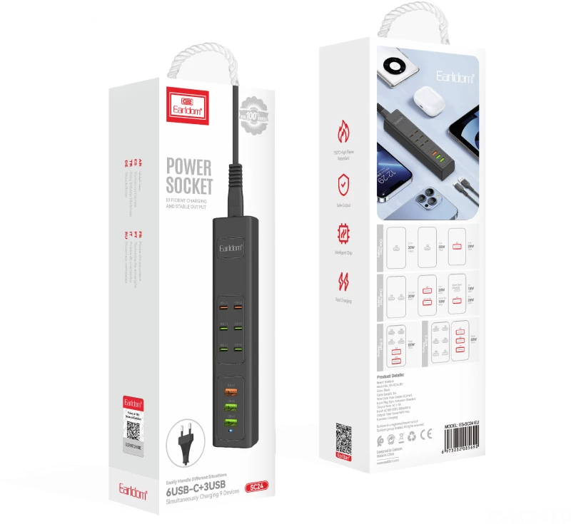 Πολύπριζο Earldom ES-SC24  6 х USB-C  3 x USB F  1m.  Μαυρο - 40520