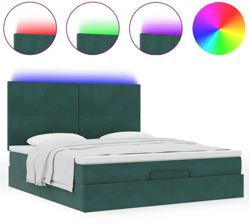 vidaXL Οθωμανικό κρεβάτι με στρώματα & LEDs Σκούρο πράσινο Βελούδο
