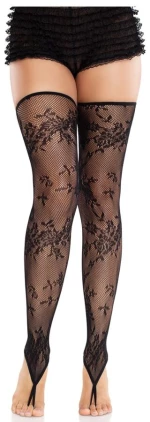 LEG AVENUE - FLORAL LACE FOOTLESS STOCKINGS BLACK