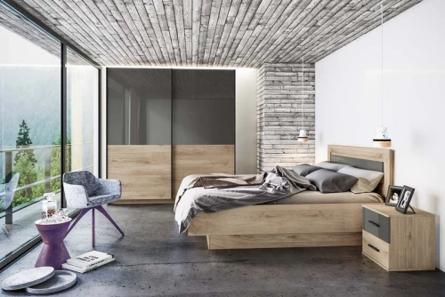 Artekko Jaom Κρεβάτι 160x200 με 2 Κομοδίνα και Ντουλάπα Σετ/4  Σημύδα-Γκρί  (165x206x96)cm Artekko 850-0028