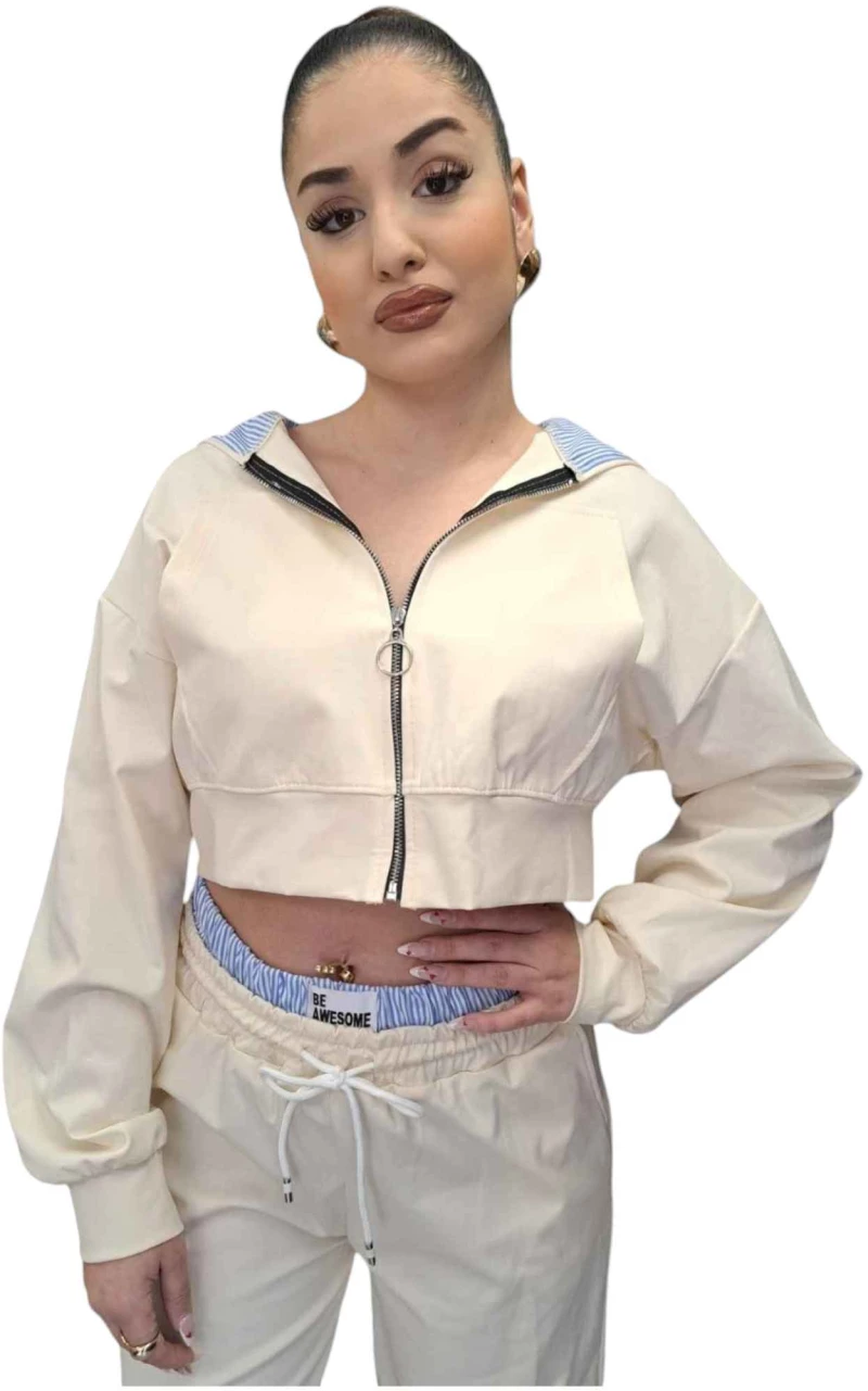 Cropped Μπουφάν με Κουκούλα και Φερμουάρ σε Εκρου Απόχρωση ΕΚΡΟΥ