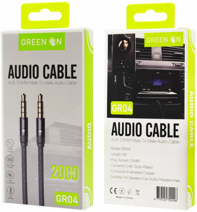 GREEN ON 3.5mm Aux Υφασμάτινο Καλώδιο 4 Pin - Μαύρο GR04 2μ.