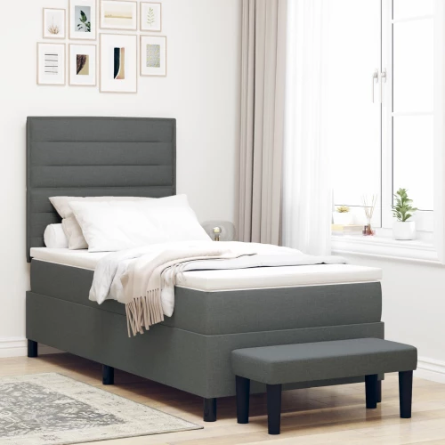 vidaXL Κρεβάτι Box Spring με Στρώμα & Παγκάκι Σκούρο Γκρι 90x190 εκ. Ύφασμα
