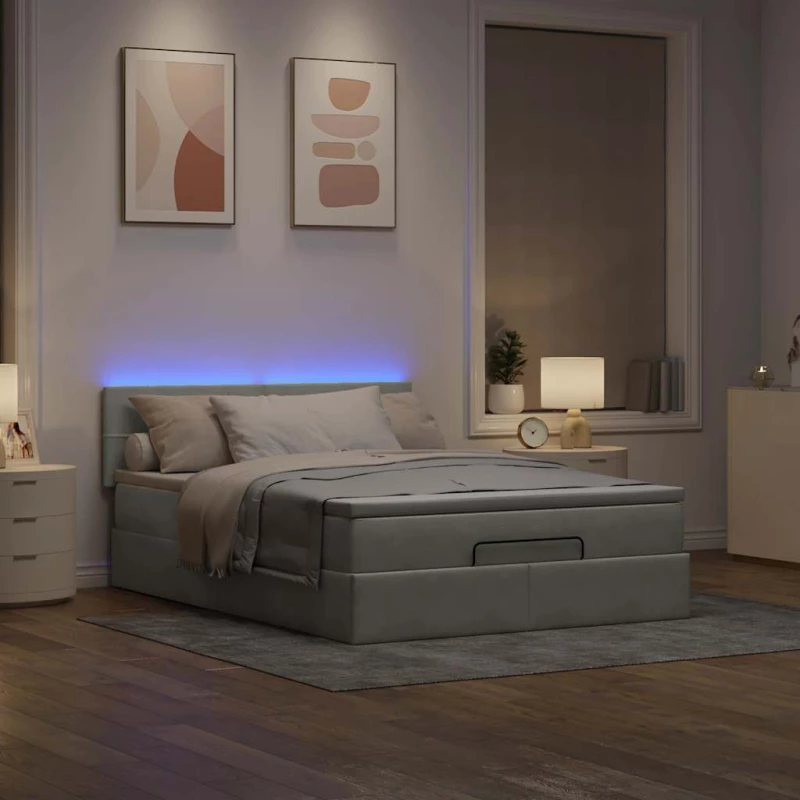 vidaXL Οθωμανικό κρεβάτι με στρώμα & LEDs Ανοιχτό γκρι Βελούδο