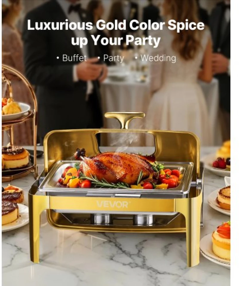 VEVOR 9Qt Rectangle Roll Top Chafing Dish Set with Full-Size Pan Stainless Steel