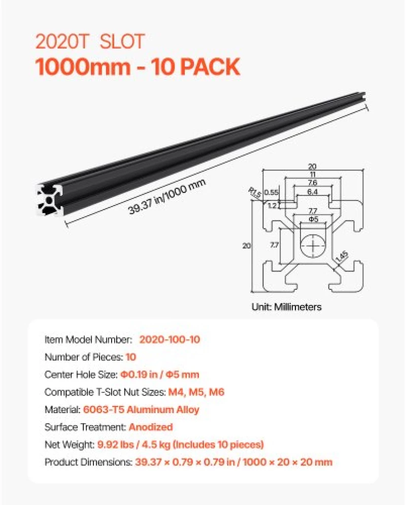 VEVOR 10PCS 39.4in (1000mm) T Slot 2020 Aluminum Extrusion Anodized Linear Rail