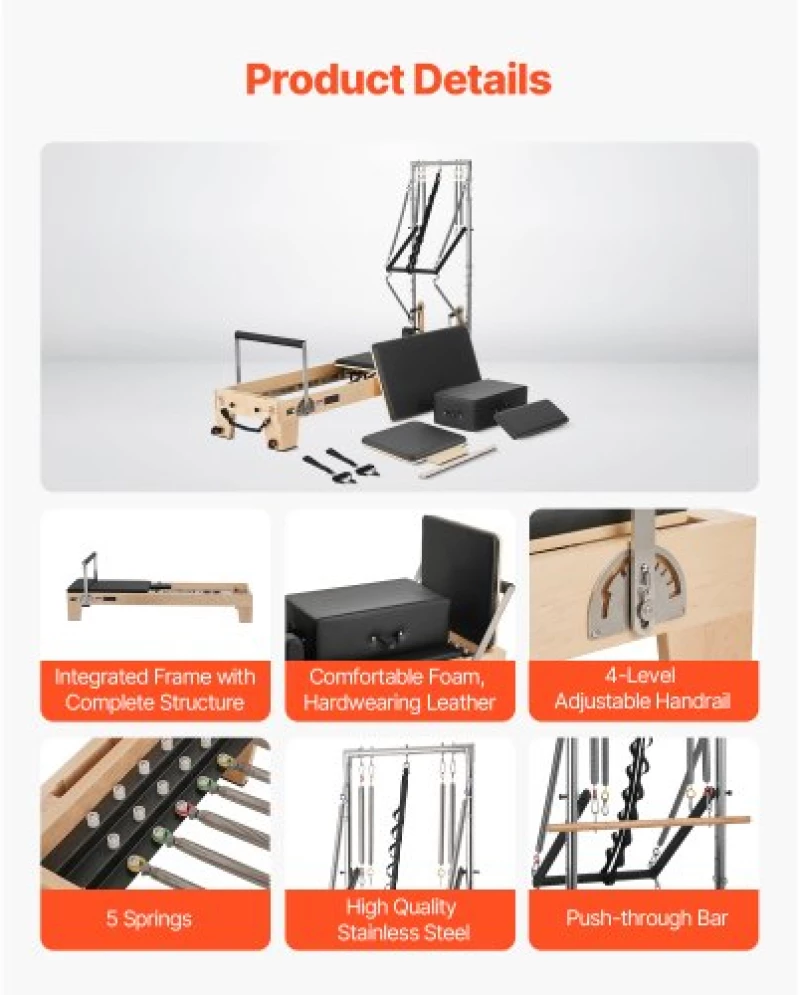 VEVOR Pilates Reformer Wood Pilates Machine Home Gym Workout Equipment