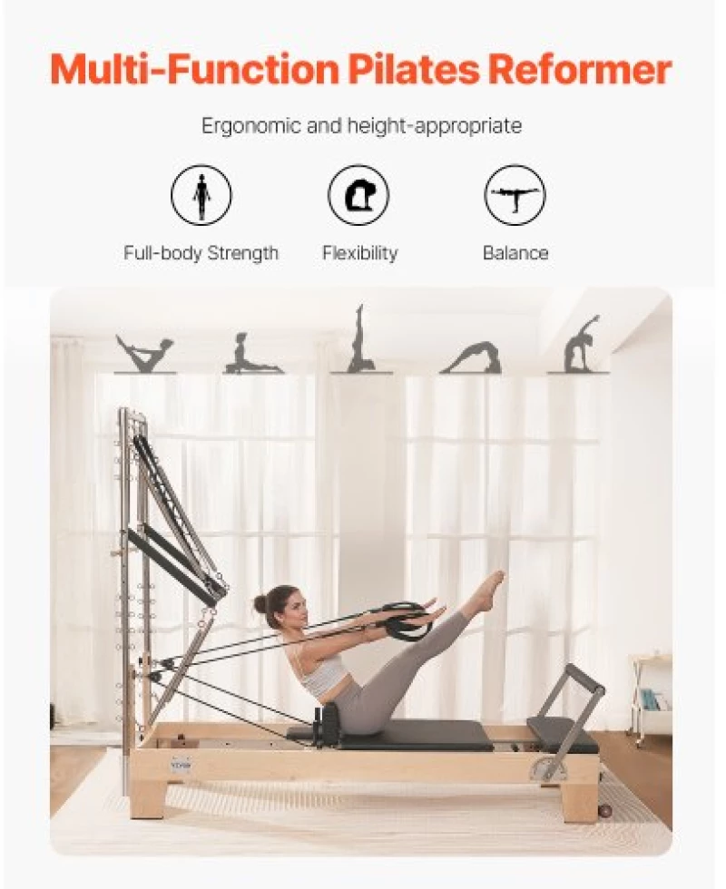 VEVOR Pilates Reformer Wood Pilates Machine Home Gym Workout Equipment