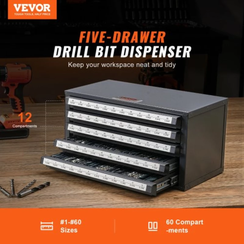 VEVOR Drill Bit Dispenser Cabinet, Five-Drawer Drill Bit Organizer Cabinet for #1 to #60 Steel Drill Dispenser Organizer Cabinet with Labels, Stackable Drill Dispenser for Drill Bit Storage