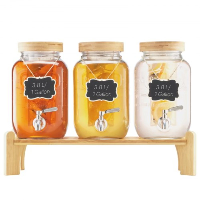 VEVOR Drink Dispenser 3.8L Beverage Dispenser for Parties Glass with Stand 3PCS