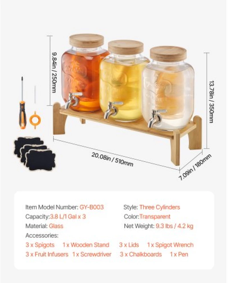 VEVOR Drink Dispenser 3.8L Beverage Dispenser for Parties Glass with Stand 3PCS