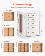 VEVOR Jewelry Box 360° Rotating Jewelry Organizer with 5 Spacious Drawers White