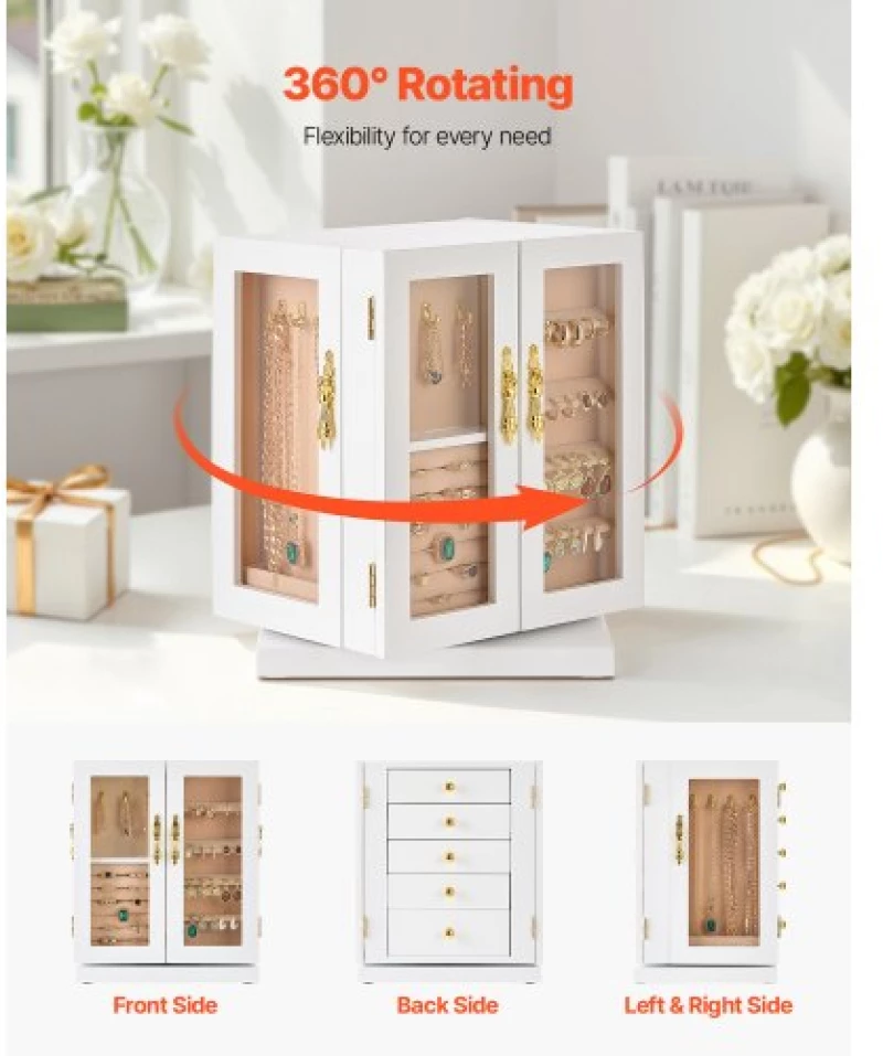 VEVOR Jewelry Box 360° Rotating Jewelry Organizer with 5 Spacious Drawers White