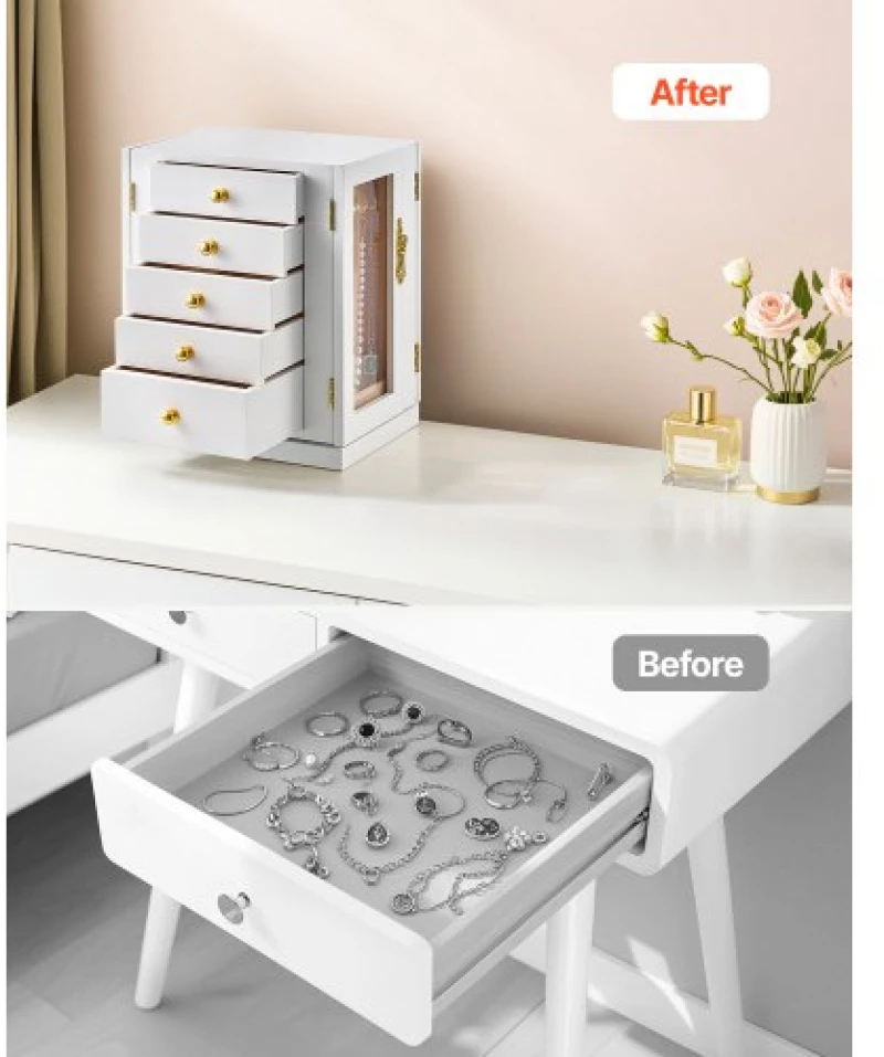 VEVOR Jewelry Box 360° Rotating Jewelry Organizer with 5 Spacious Drawers White