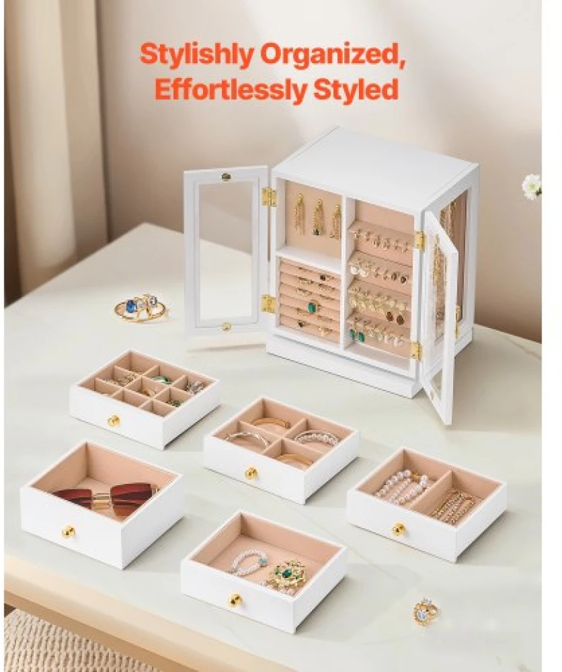 VEVOR Jewelry Box 360° Rotating Jewelry Organizer with 5 Spacious Drawers White