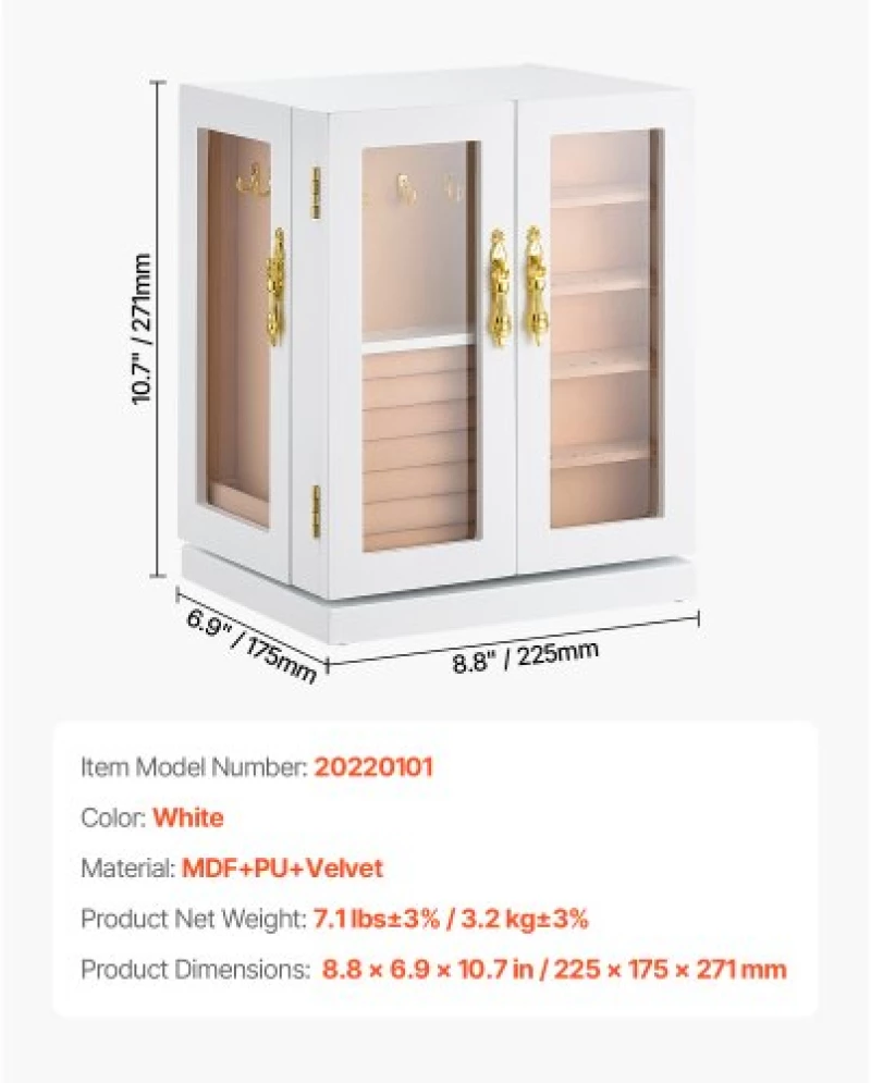 VEVOR Jewelry Box 360° Rotating Jewelry Organizer with 5 Spacious Drawers White