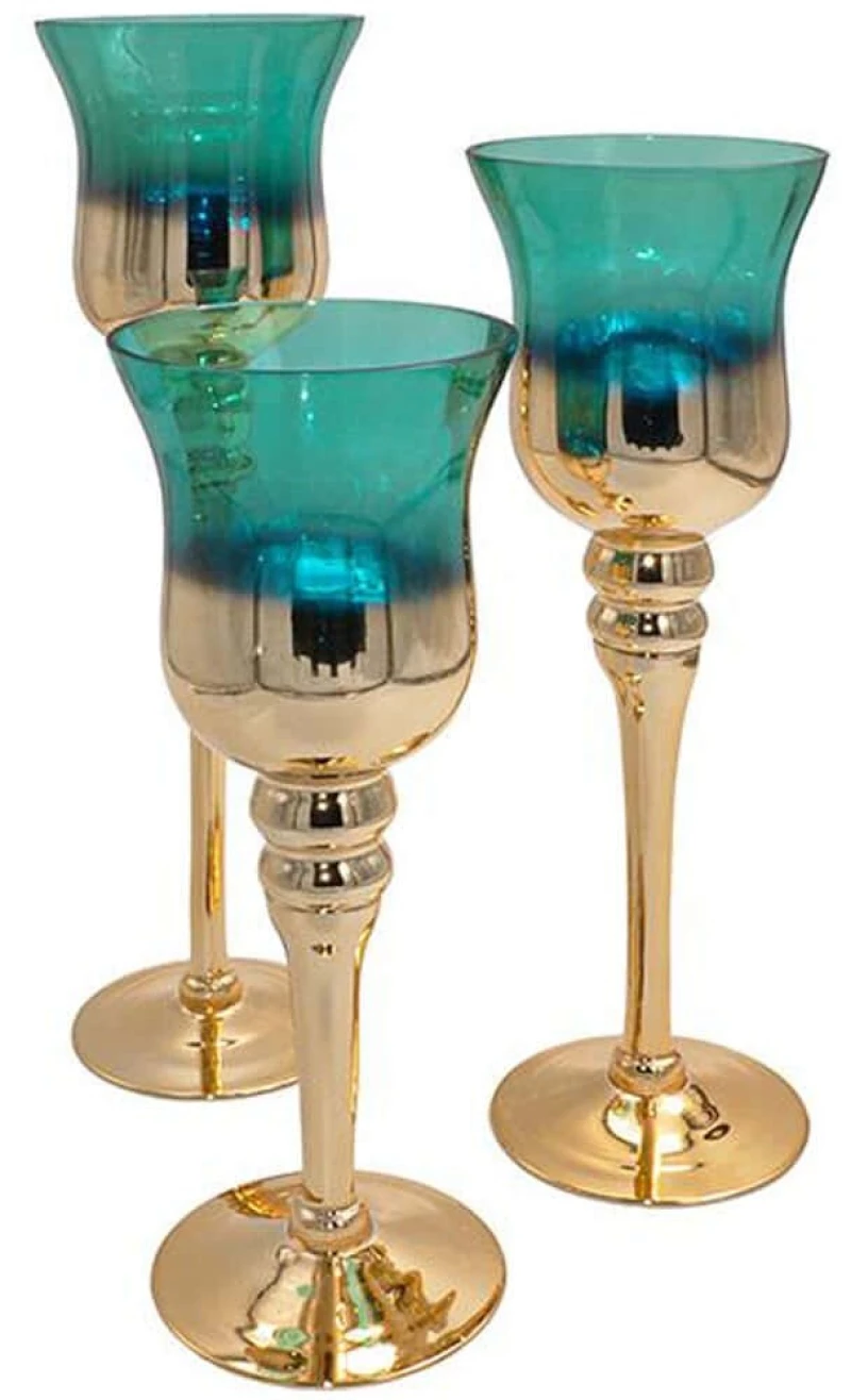 Κηροπήγια (Σετ 3Τμχ) 374-224-376 40cm Blue-Gold Γυαλί
