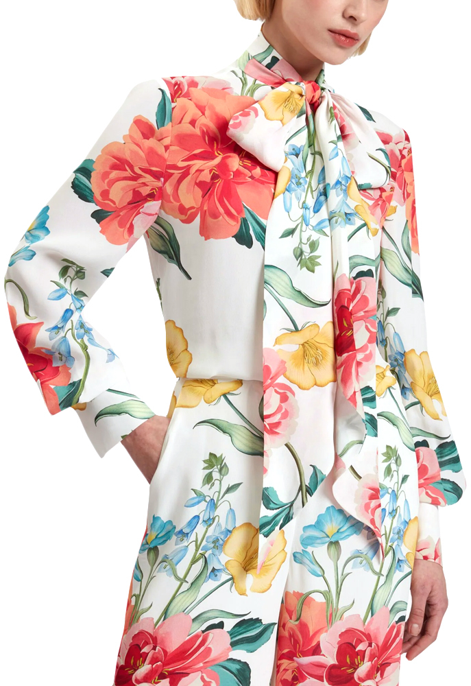 TED BAKER LUUSILE SCARF DETAIL PRINTED LONG SLEEVE SHIRT WOMEN TED BAKER ΛΕΥΚΟ- ΠΡΑΣΙΝΟ- ΦΟΥΞΙΑ (280561-WHITE)