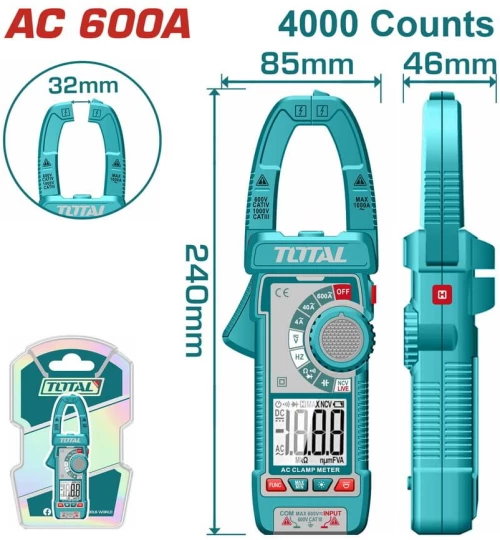 TOTAL Αμπεροτσιμπίδα ψηφιακή 600Α AC/DC True RMS (TMT766001)