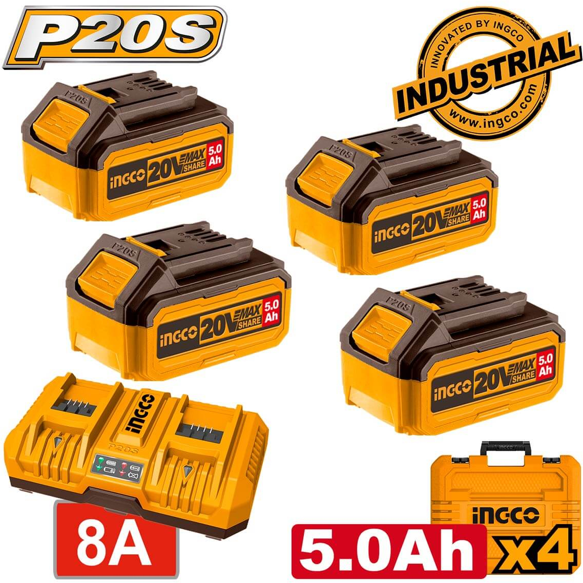 INGCO Σετ Μπαταρίες 4 τεμάχια 20V 5.0Ah + Ταχυφορτιστής 8A 2 Θέσεων + Βαλίτσα (FBCLI20285)