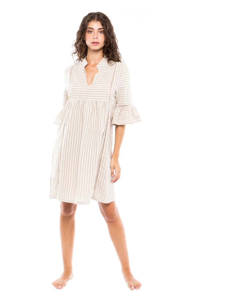 Γυναικείο Beachwear Pink Label - Λευκό Ριγέ - Κοντό καφτάνι - Cotton