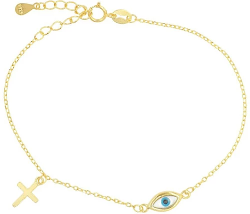 Γυναικείο Βραχιόλι ματάκι με σταυρουδάκι ladyQ από ασήμι 925 σε κίτρινο χρώμα με Φίλντισι 445895
