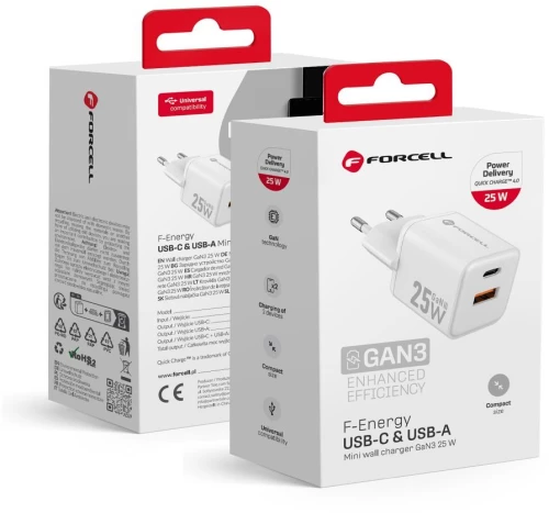 FORCELL F-ENERGY Mini GaN III VT-25B travel charger with 1 x Type C + 1x USB A sockets, PD QC4.0 25W white