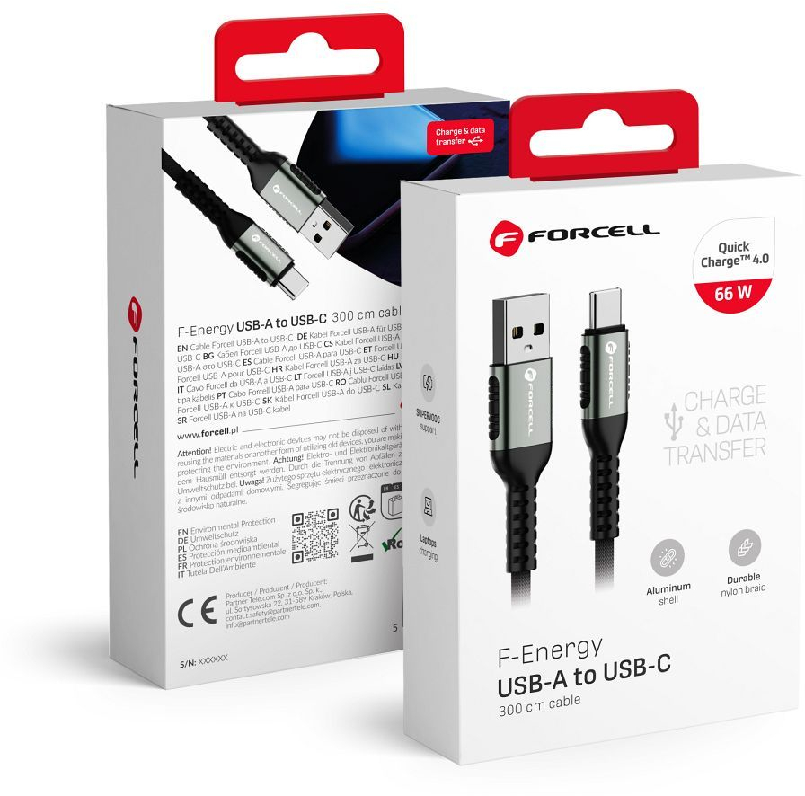 FORCELL F-ENERGY C256 cable USB A to Type C QC4.0 3A 66W Cafule 3 m black