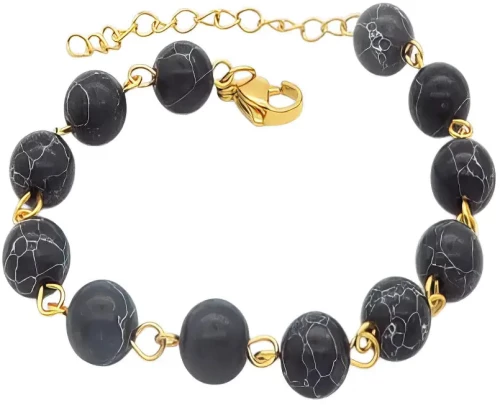 Ατσάλινο Βραχιόλι με Μαύρες Χάντρες και Χρυσή Αλυσίδα (B3418)