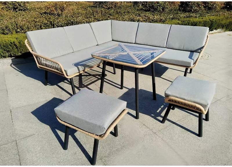 WOODWELL Ε2801SALSA CORNER Σαλόνι-Καθιστικό: Τραπέζι + Καναπές Γωνία + 2 Σκαμπό, Μέταλλο-Wicker Φυσικό Table:70x70x65 Set 7 Seats Ε2801